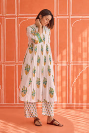 White Floral Green Hand Block Printed Co-ord Set