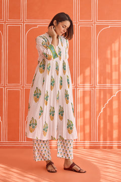 White Floral Green Hand Block Printed Co-ord Set