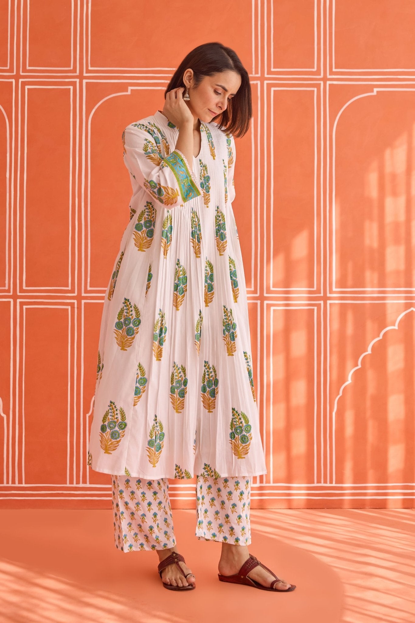 White Floral Green Hand Block Printed Co-ord Set - Tara-C-Tara