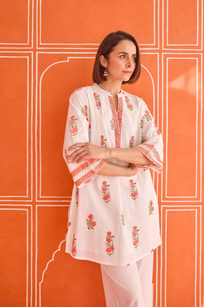 White Floral Hand Block Print Co - ord Set - Tara - C - Tara
