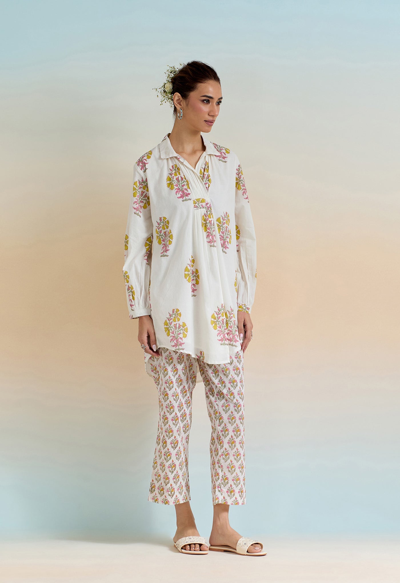 WHITE FLORAL HAND BLOCK PRINTED COORD SET - Tara - C - Tara