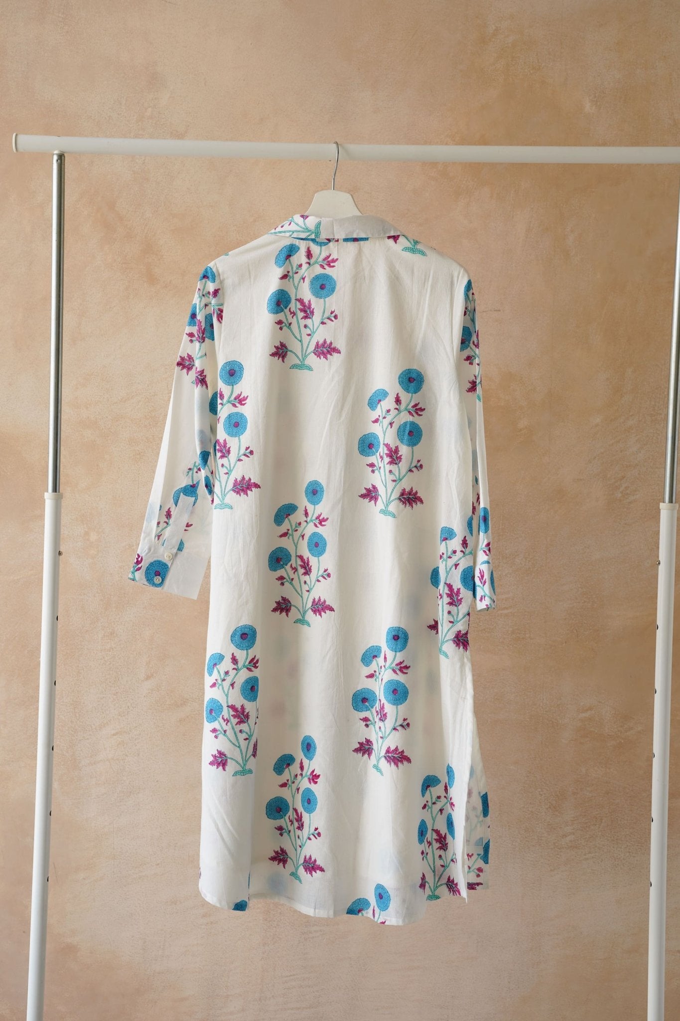 White Floral Hand Block Printed Kurta - Tara - C - Tara