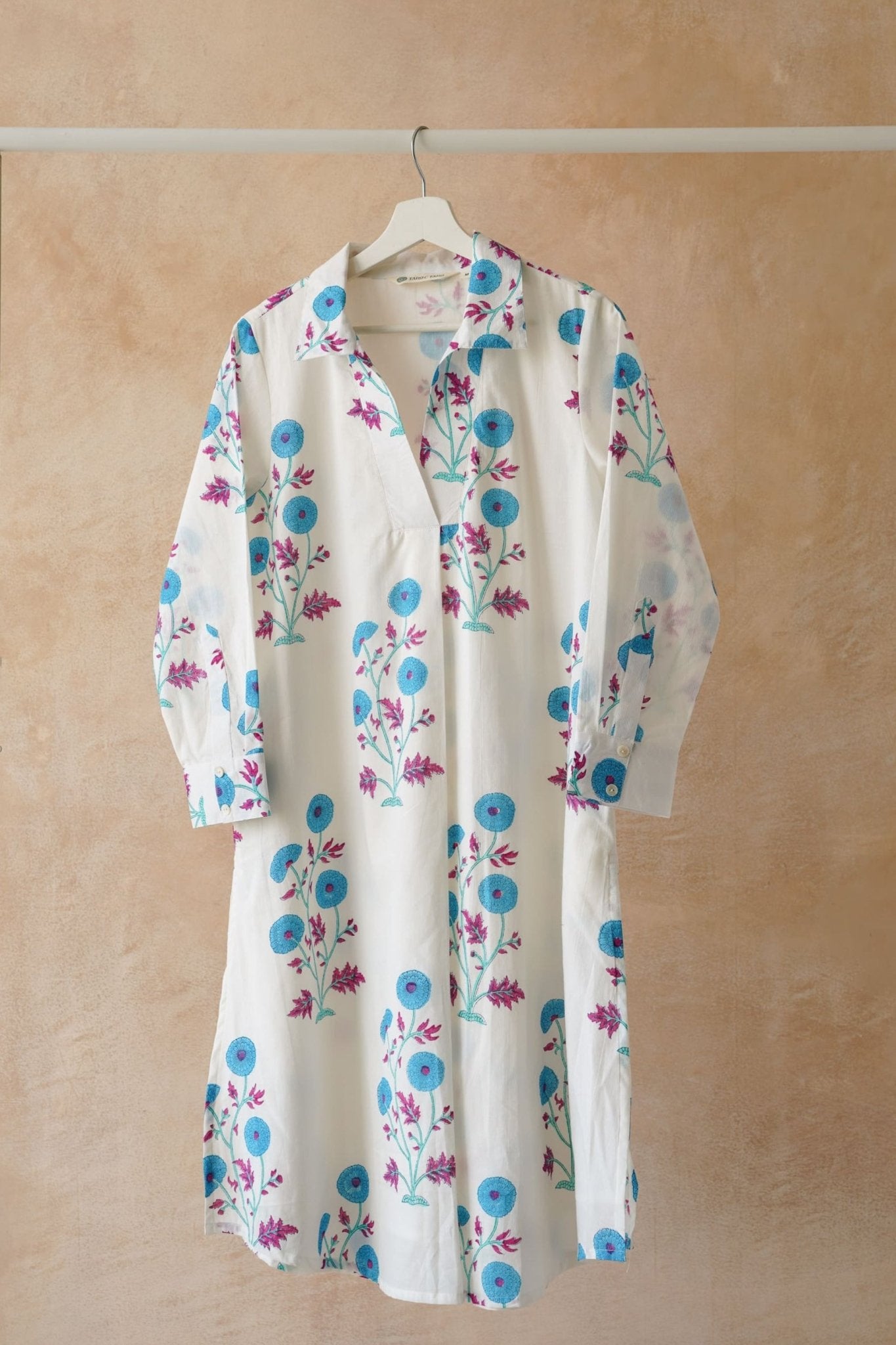 White Floral Hand Block Printed Kurta - Tara - C - Tara