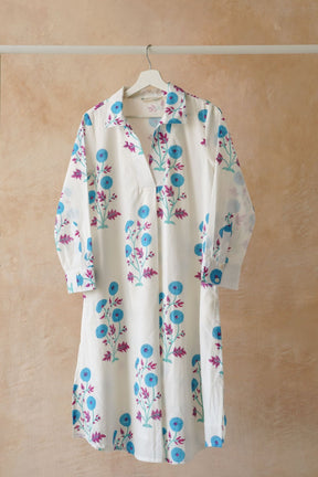 White Floral Hand Block Printed Kurta - Tara - C - Tara