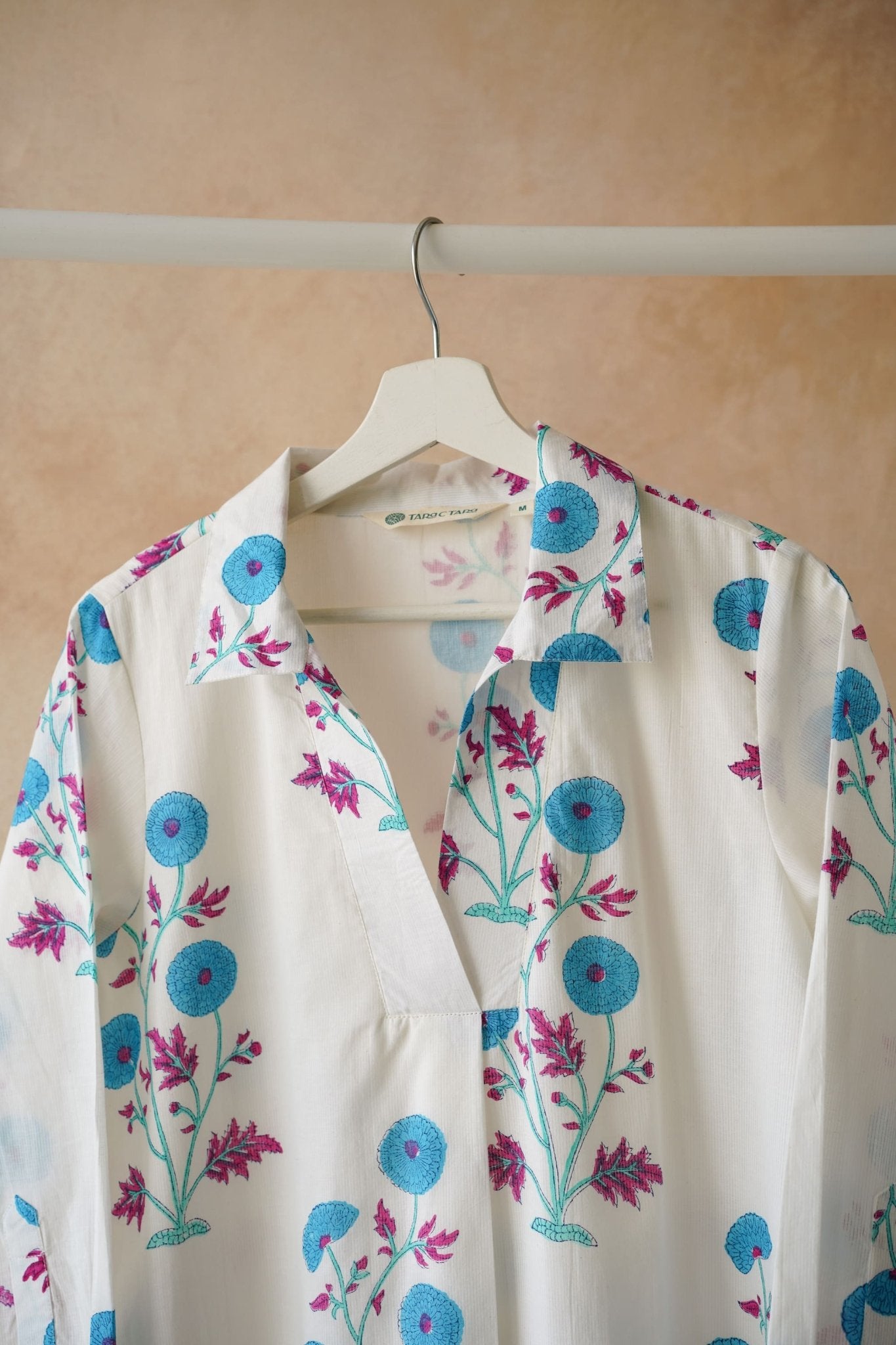 White Floral Hand Block Printed Kurta - Tara - C - Tara