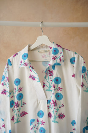 White Floral Hand Block Printed Kurta - Tara - C - Tara