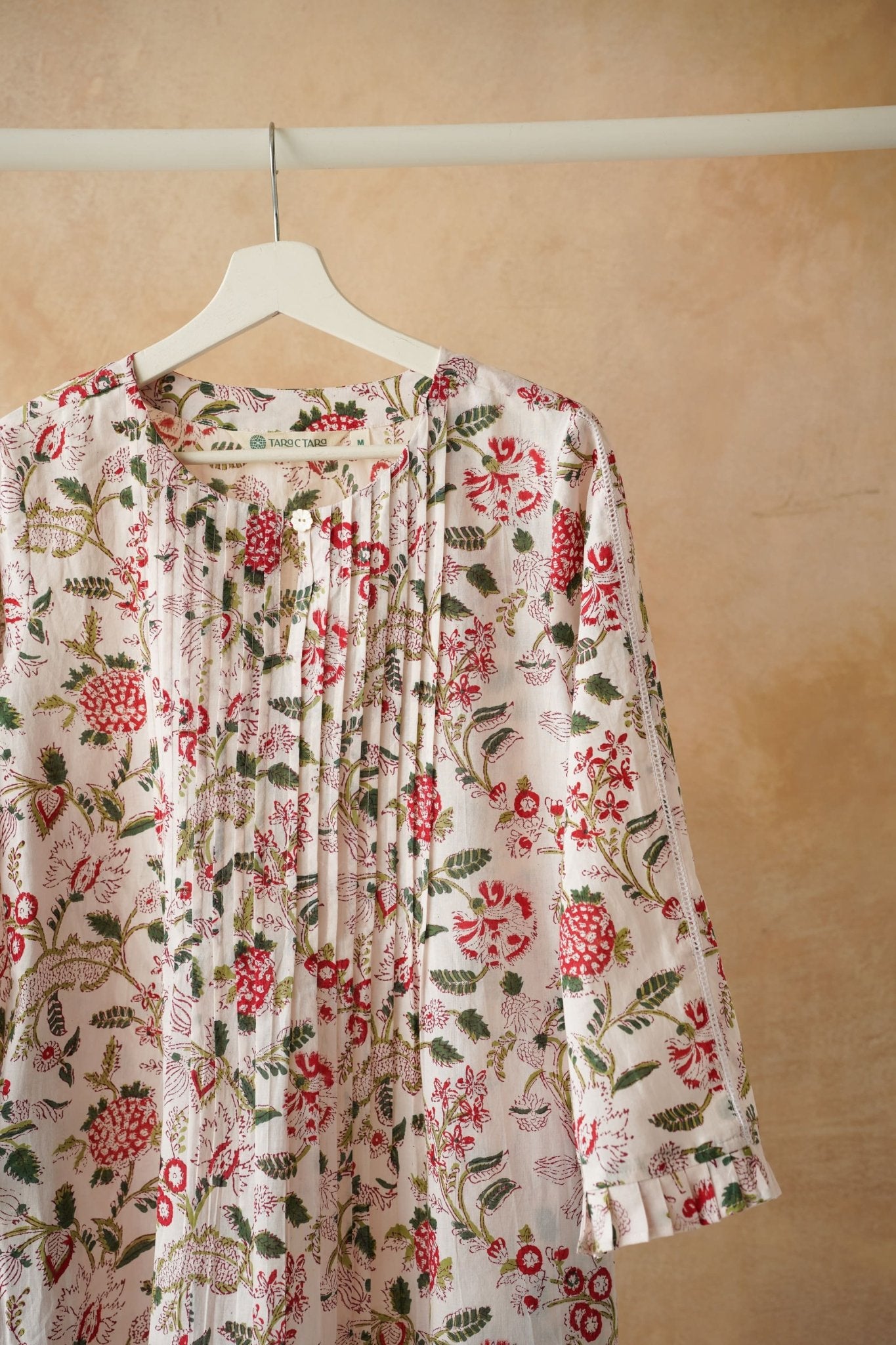 White Floral Hand Block Printed Pintuck Kurta - Tara - C - Tara