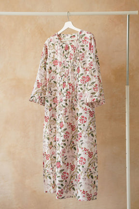 White Floral Hand Block Printed Pintuck Kurta - Tara - C - Tara