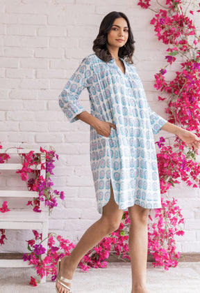 WHITE FLORAL HAND BLOCK PRINTED SHIRT DRESS - Tara - C - Tara