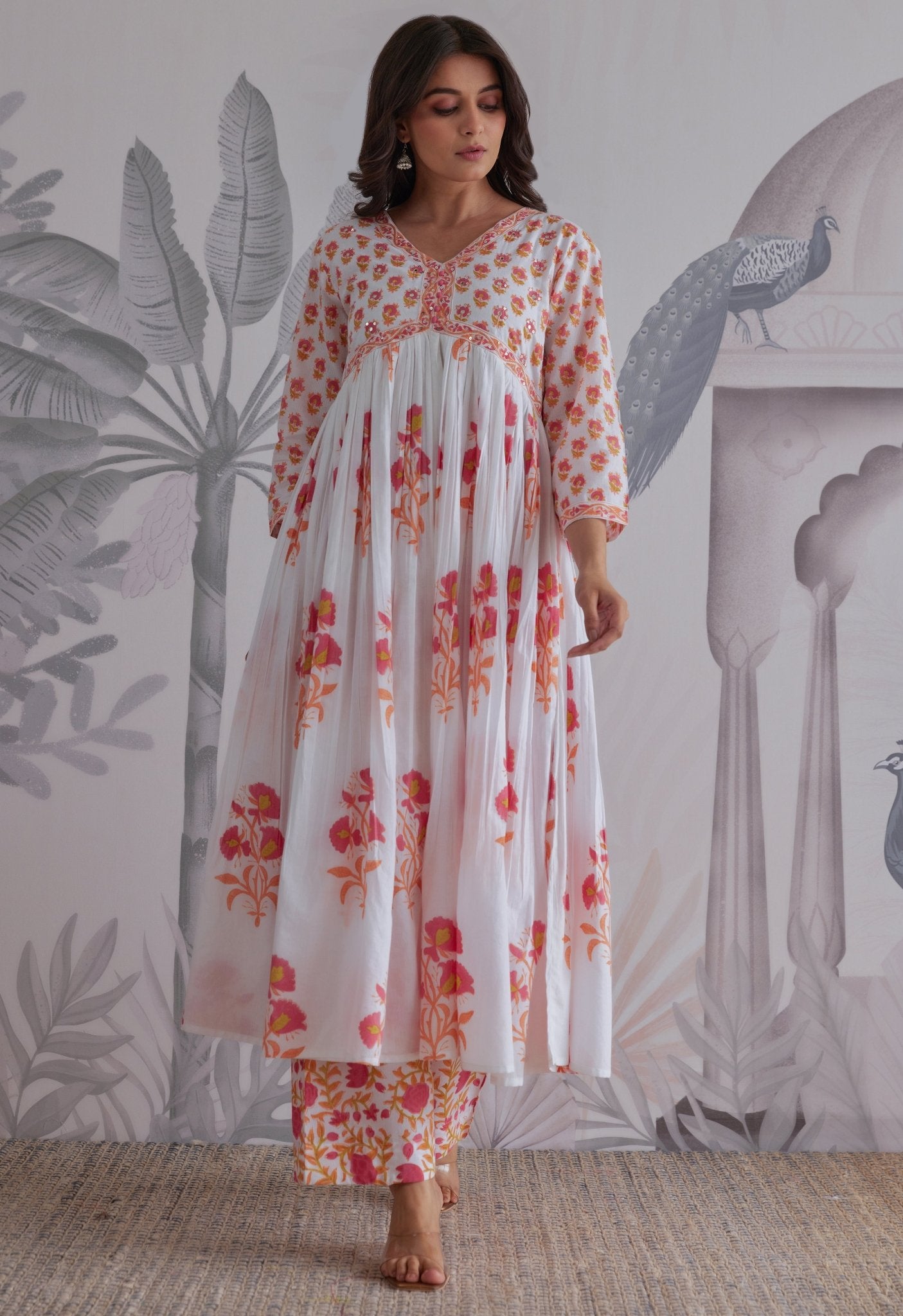 White Floral Printed Anarkali Suit Set - Tara - C - Tara