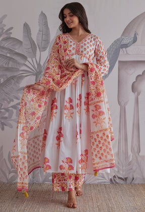 White Floral Printed Anarkali Suit Set - Tara - C - Tara