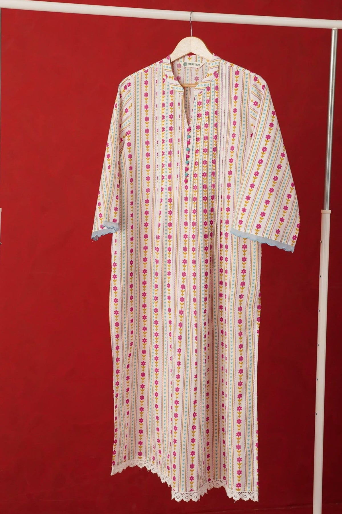 White Floral Stripe Print Kurta - Tara - C - Tara