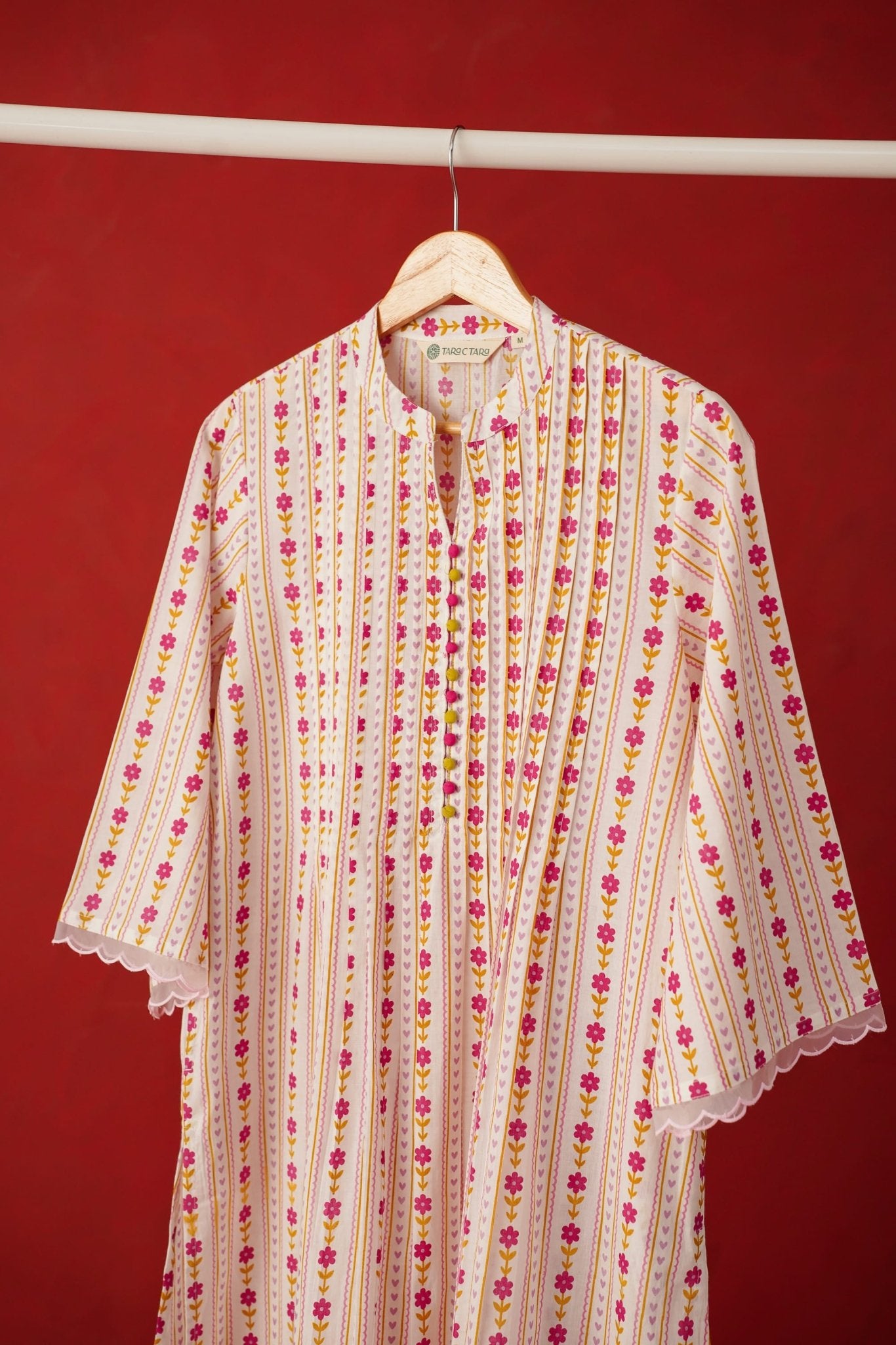 White Floral Stripe Print Kurta - Tara - C - Tara