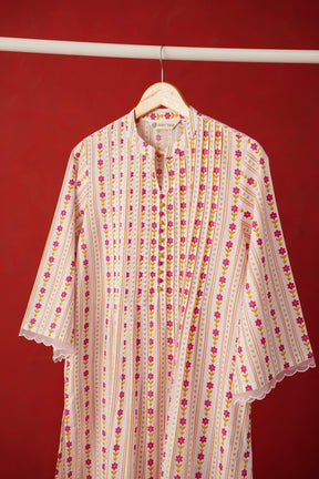 White Floral Stripe Print Kurta - Tara - C - Tara
