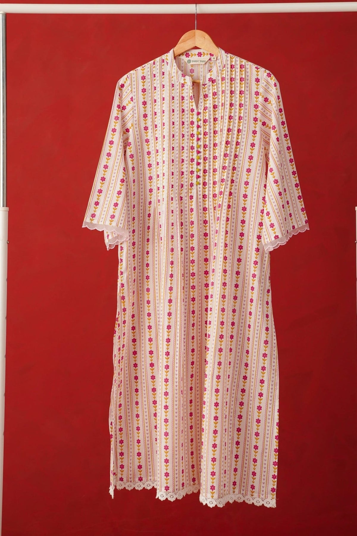 White Floral Stripe Print Kurta - Tara - C - Tara