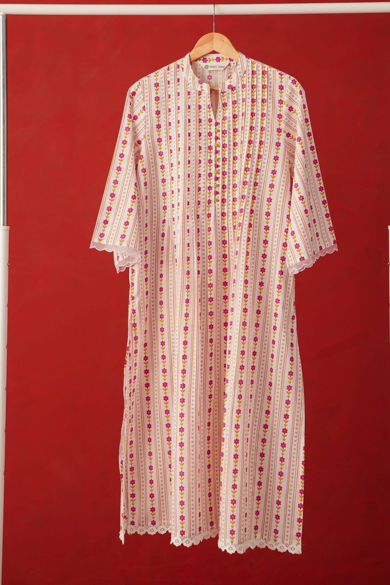 White Floral Stripe Print Kurta - Tara - C - Tara