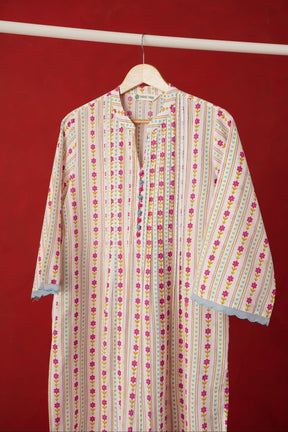 White Floral Stripe Print Kurta - Tara - C - Tara