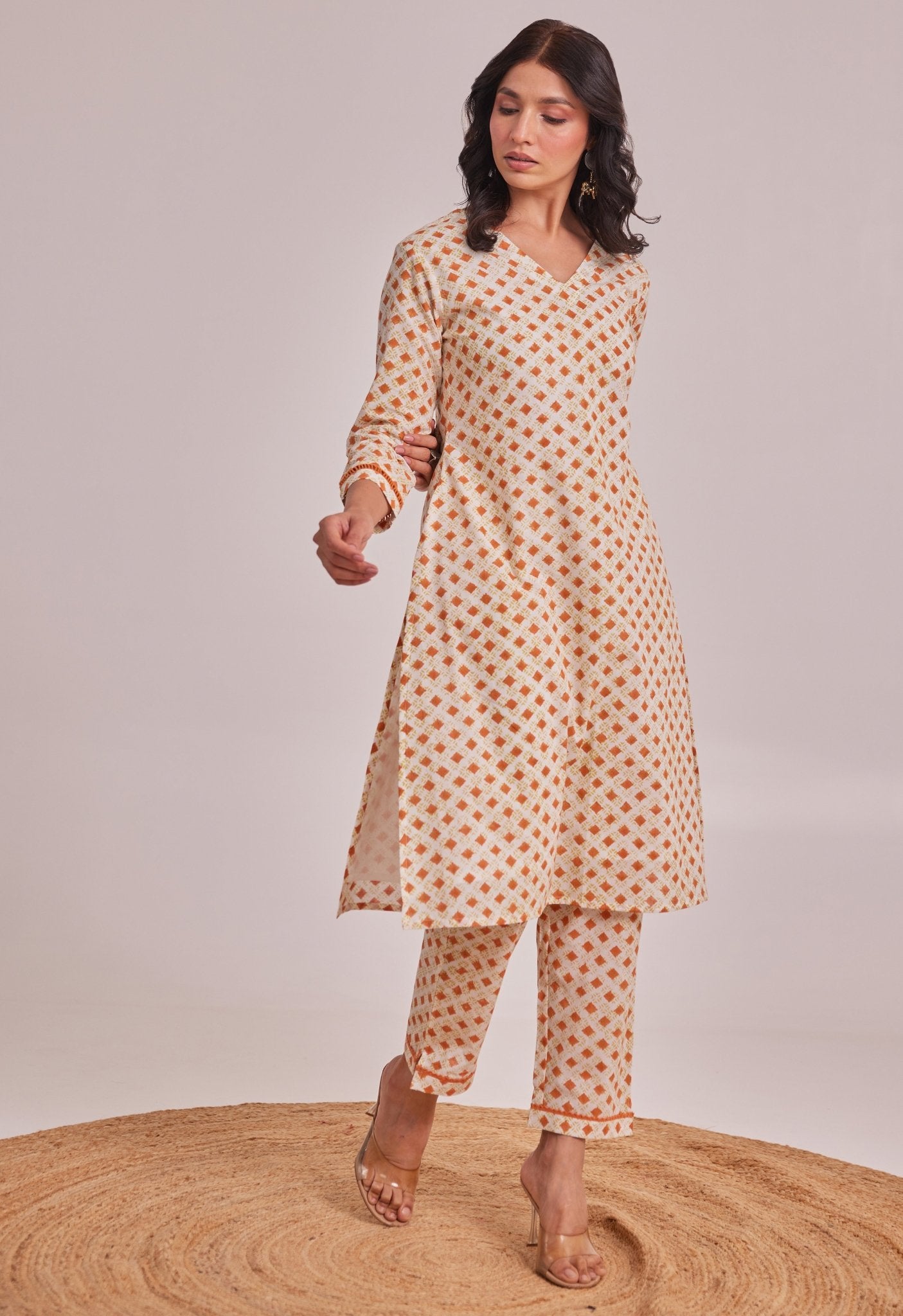 White Geometerical Hand Block Printed Coord Set - Tara - C - Tara