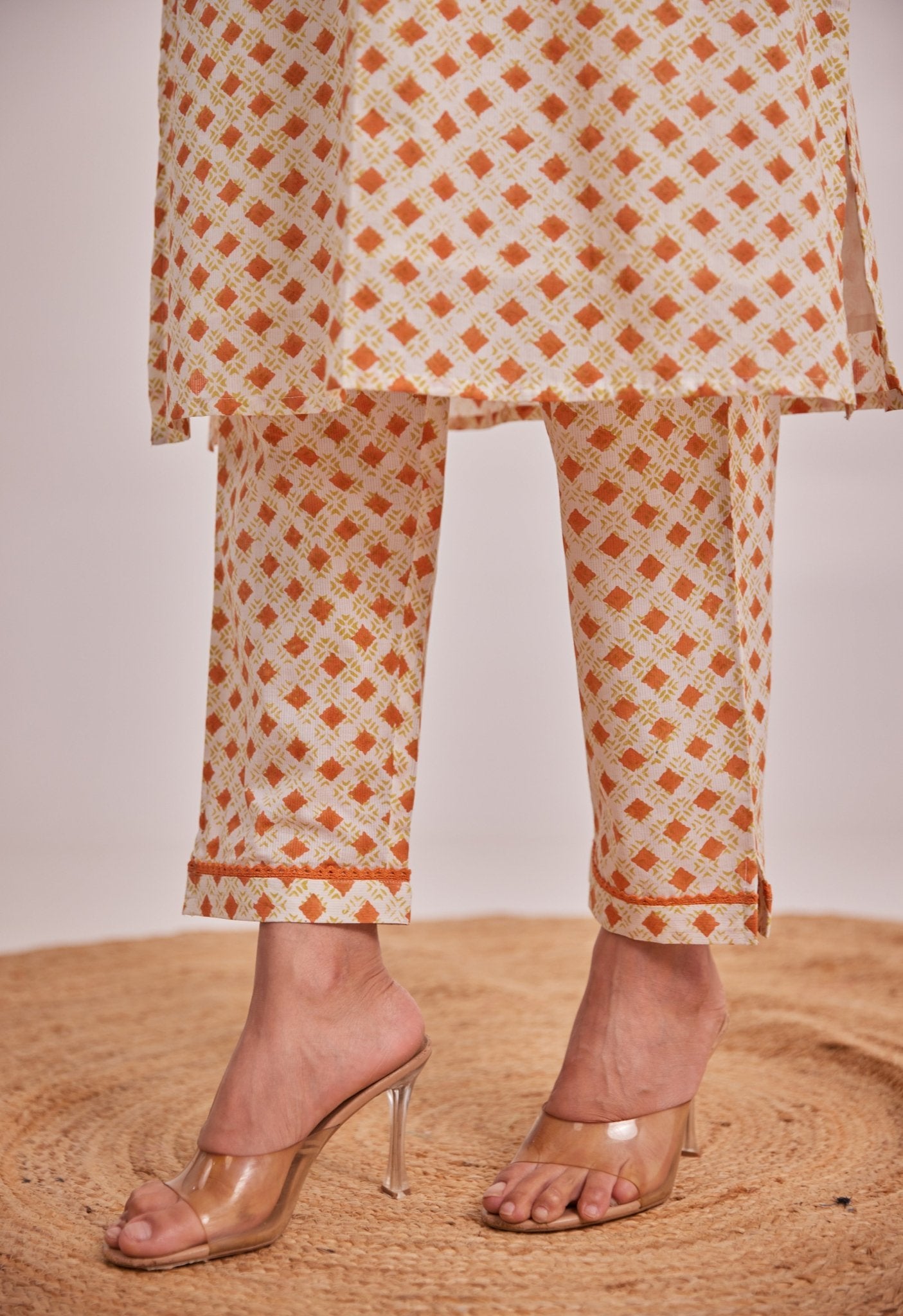 White Geometerical Hand Block Printed Coord Set - Tara - C - Tara