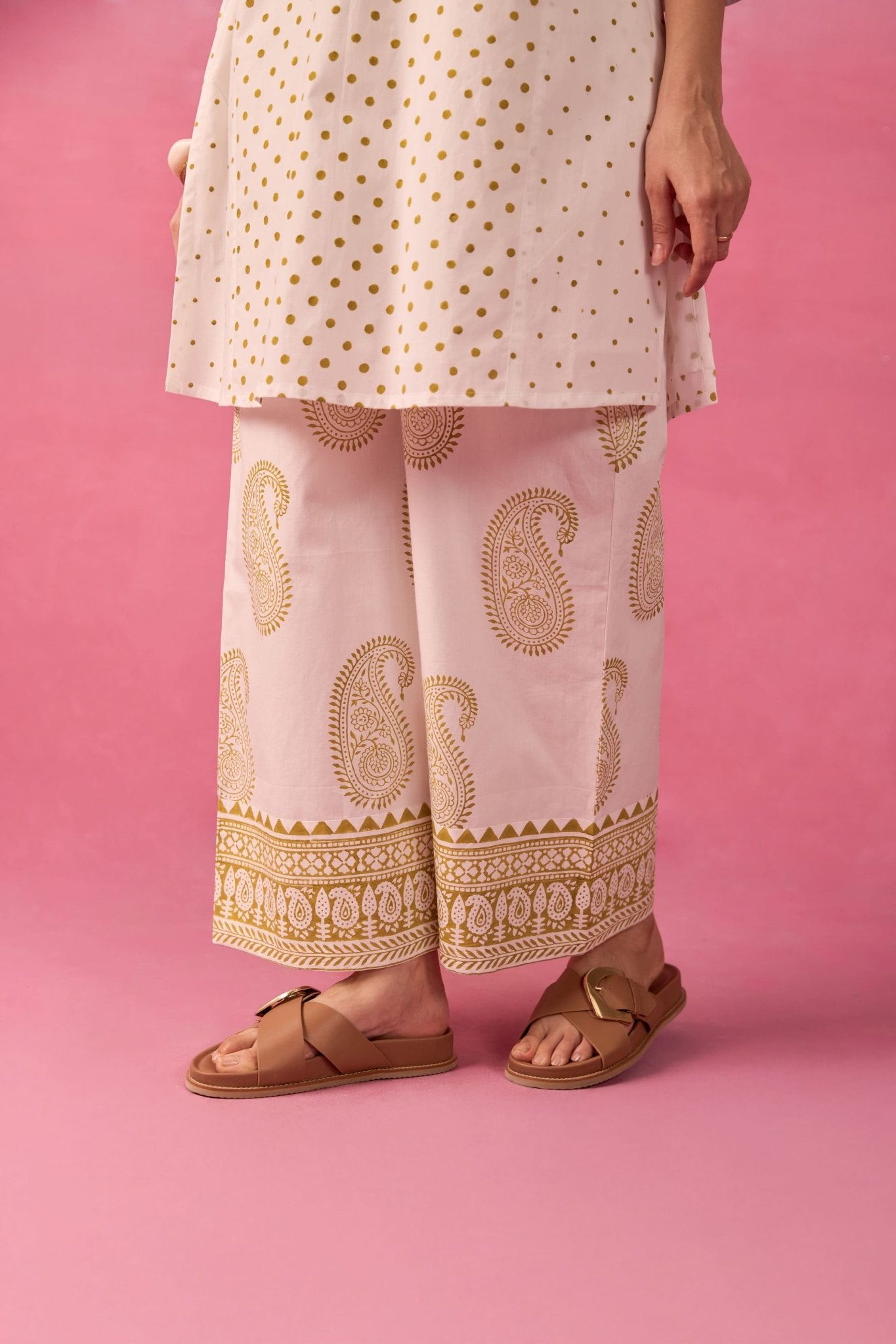 White & Gold Polka Dot & Paisley Hand Block Printed Co-ord Set - Tara-C-Tara