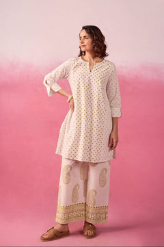 White & Gold Polka Dot & Paisley Hand Block Printed Co-ord Set