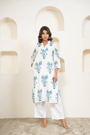 White Hand Block Floral Buta Printed Kurta with Lining - Tara - C - Tara