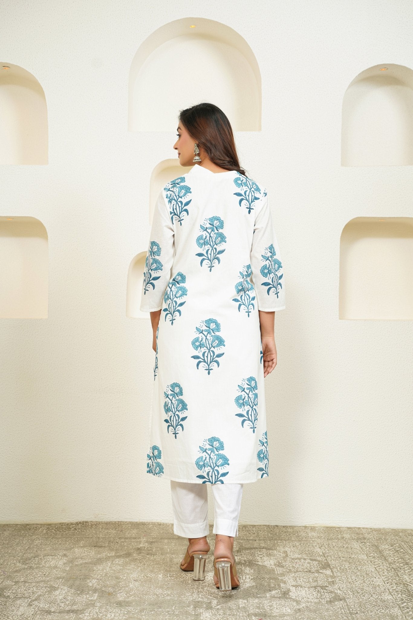 White Hand Block Floral Buta Printed Kurta with Lining - Tara - C - Tara