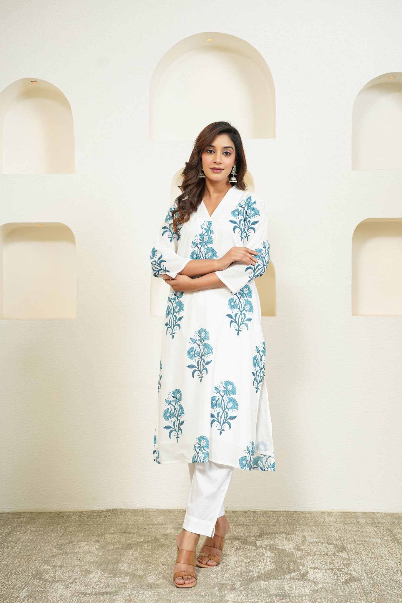 White Hand Block Floral Buta Printed Kurta with Lining - Tara - C - Tara