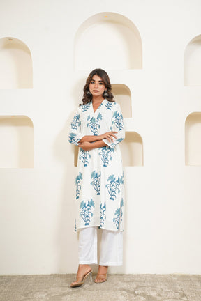 White Hand Block Floral Buta Printed Kurta with Lining - Tara - C - Tara