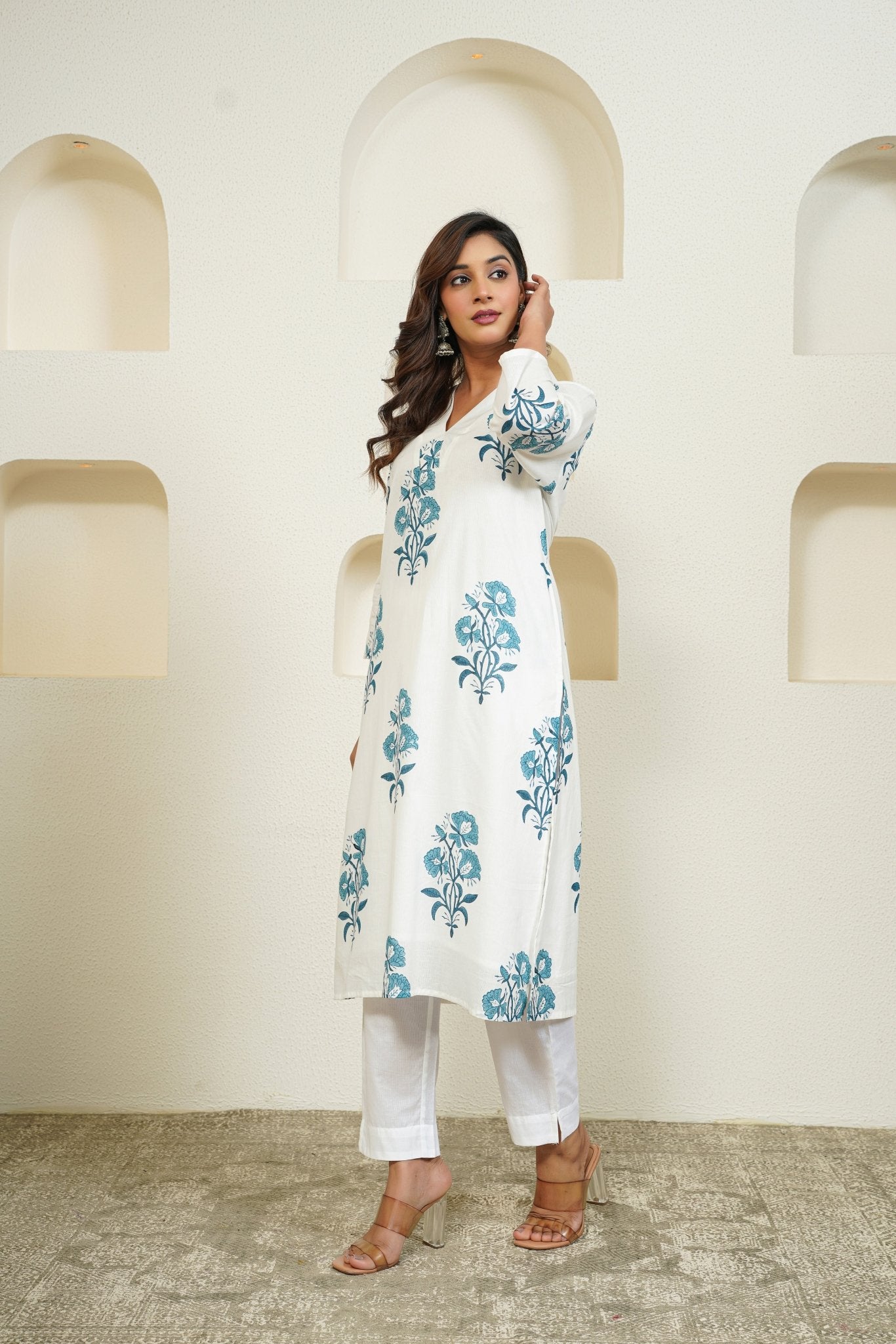 White Hand Block Floral Buta Printed Kurta with Lining - Tara - C - Tara