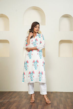 White Hand Block Floral Printed Kurta with Lining - Tara - C - Tara