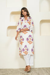 White Hand Block Floral Printed Kurta with Lining - Tara - C - Tara