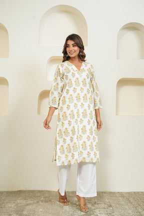 White Hand Block Floral Printed Kurta with Lining - Tara - C - Tara