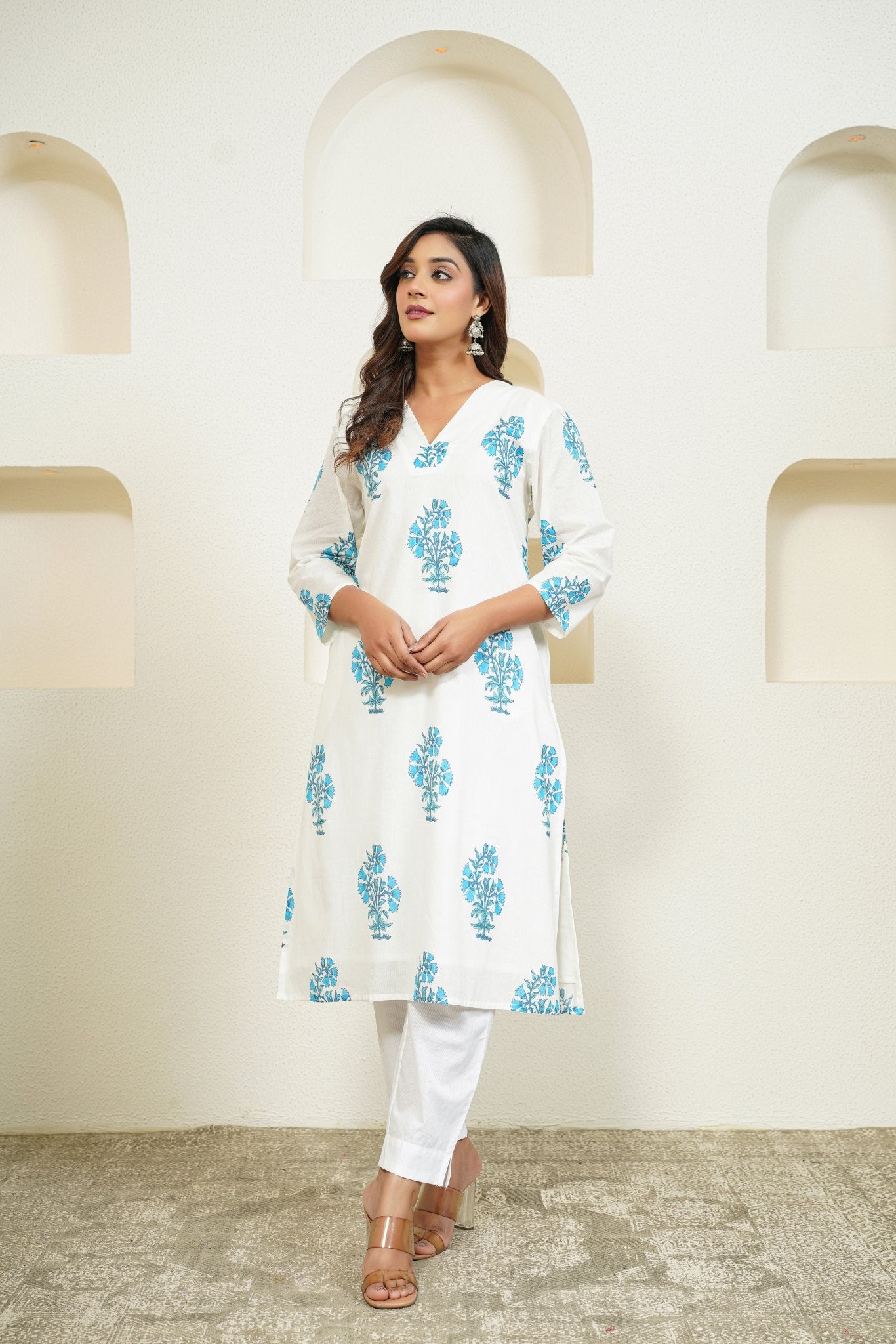 White Hand Block Floral Printed Kurta with Lining - Tara - C - Tara