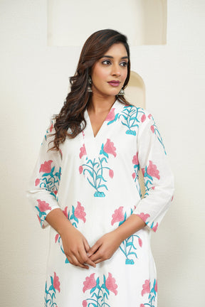 White Hand Block Floral Printed Kurta with Lining - Tara - C - Tara