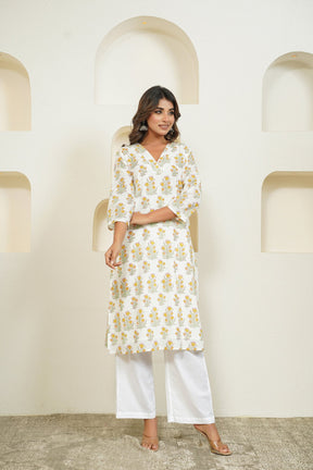 White Hand Block Floral Printed Kurta with Lining - Tara - C - Tara