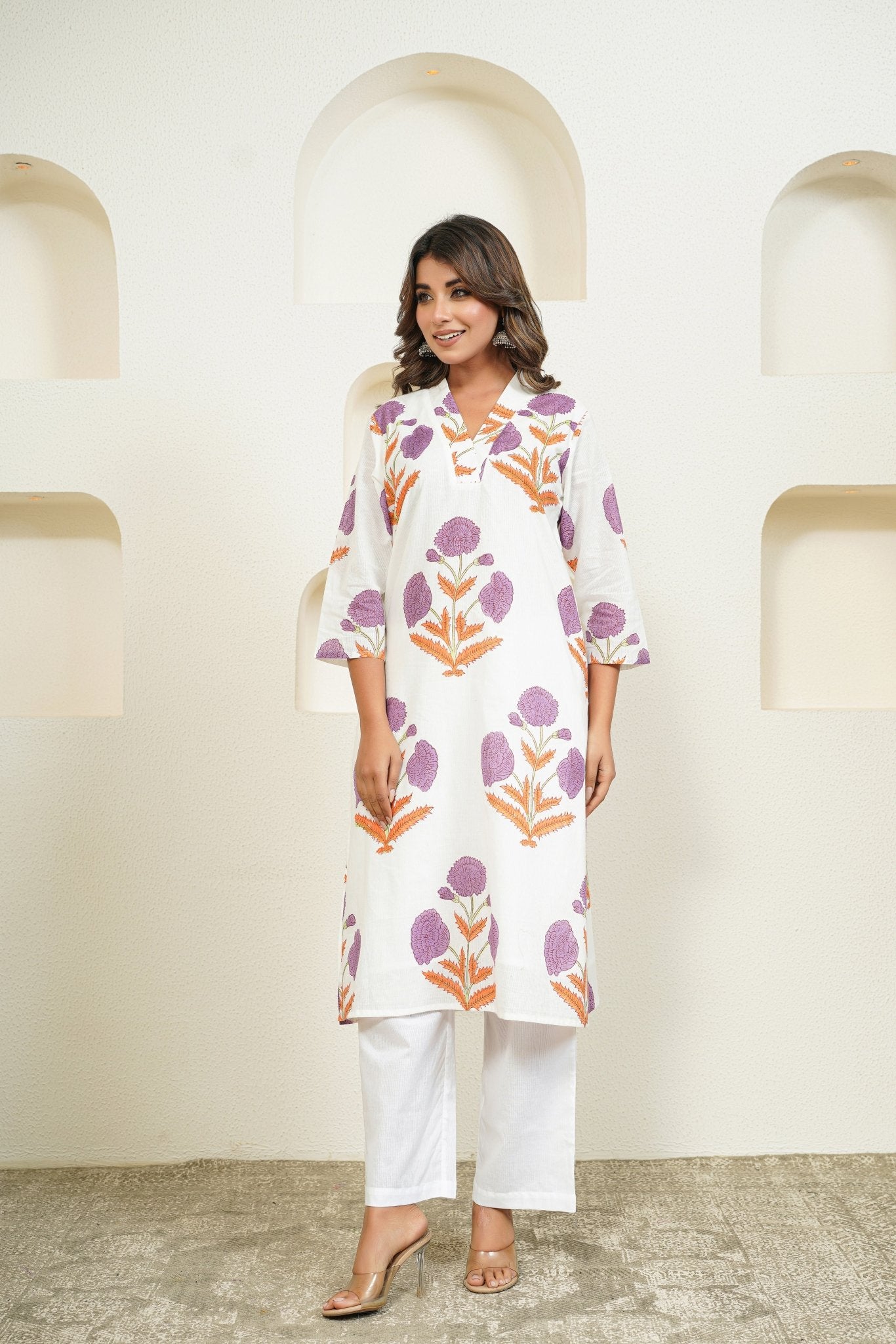 White Hand Block Floral Printed Kurta with Lining - Tara - C - Tara