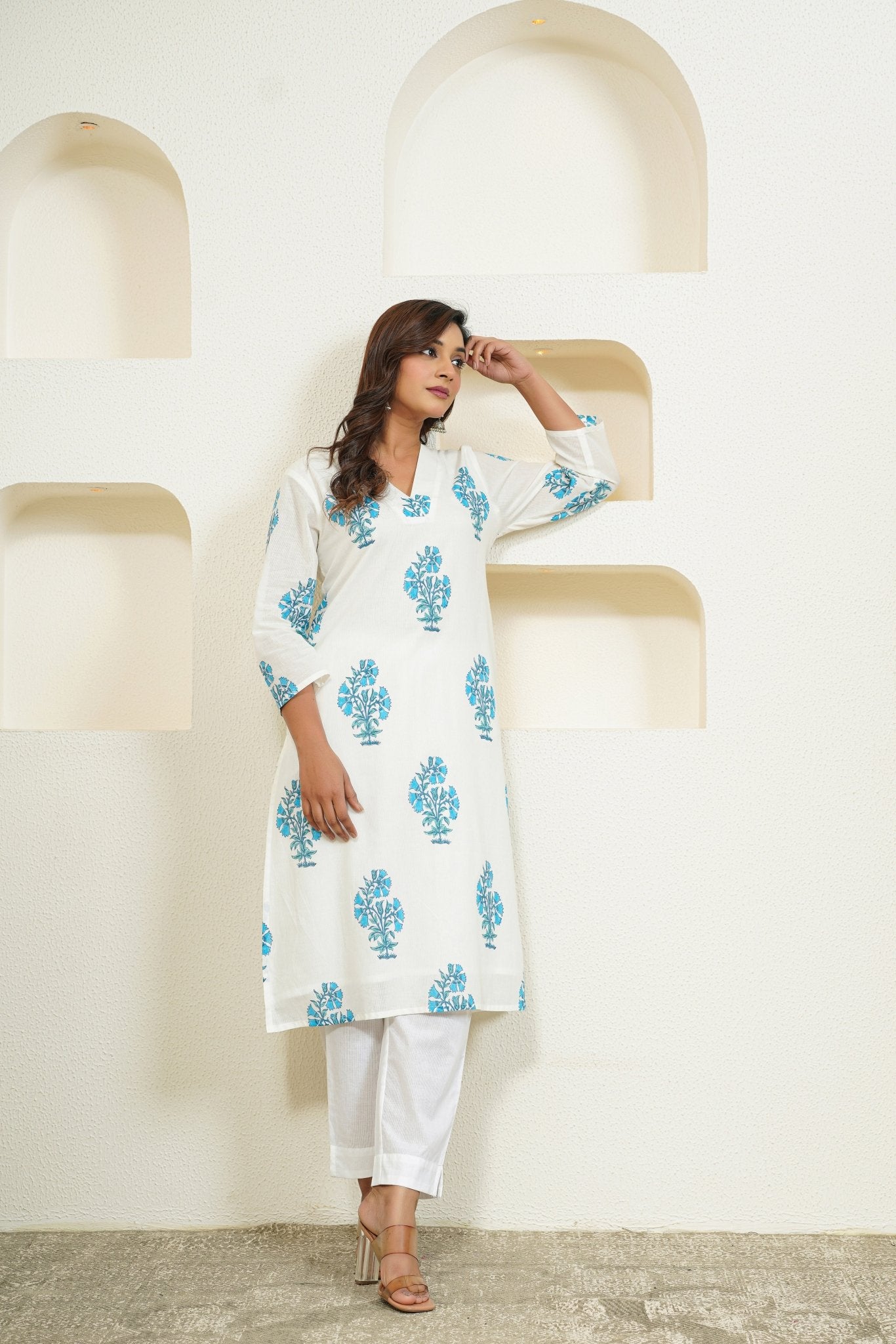 White Hand Block Floral Printed Kurta with Lining - Tara - C - Tara