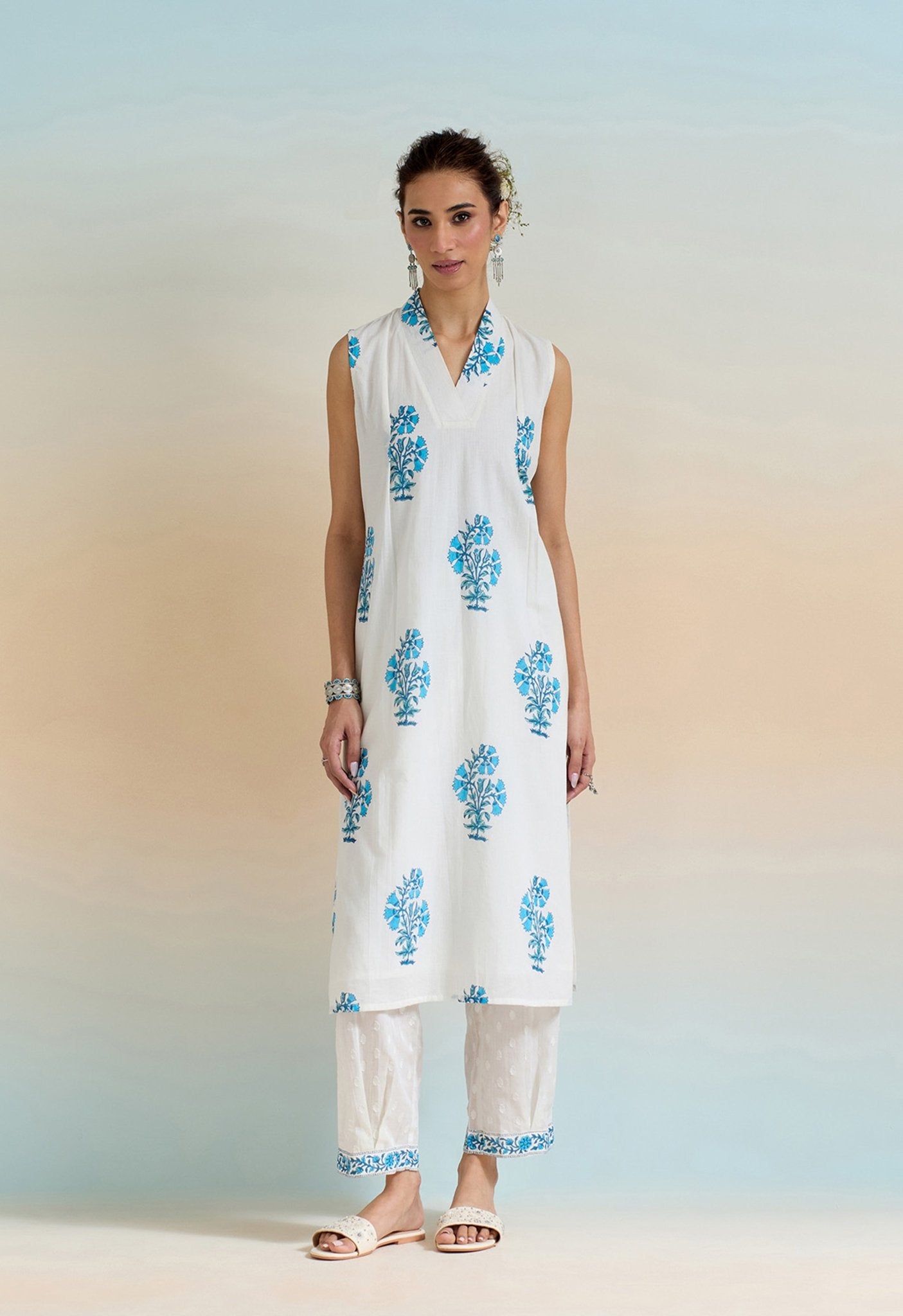 WHITE HAND BLOCK PRINTED COORD SET - Tara-C-Tara