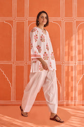 White Hand Block Printed Floral Booti Kurta & Farsi Salwar Co - ord Set - Tara - C - Tara