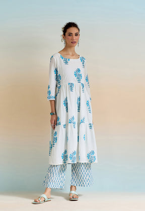 WHITE HAND BLOCK PRINTED KURTA SET WITH DORIYA DUPATTA - Tara-C-Tara