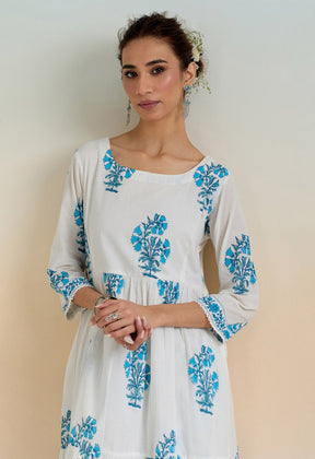 WHITE HAND BLOCK PRINTED KURTA SET WITH DORIYA DUPATTA - Tara-C-Tara