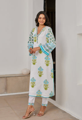 White Hand Block Printed Kurta Set With Dupatta - Tara - C - Tara