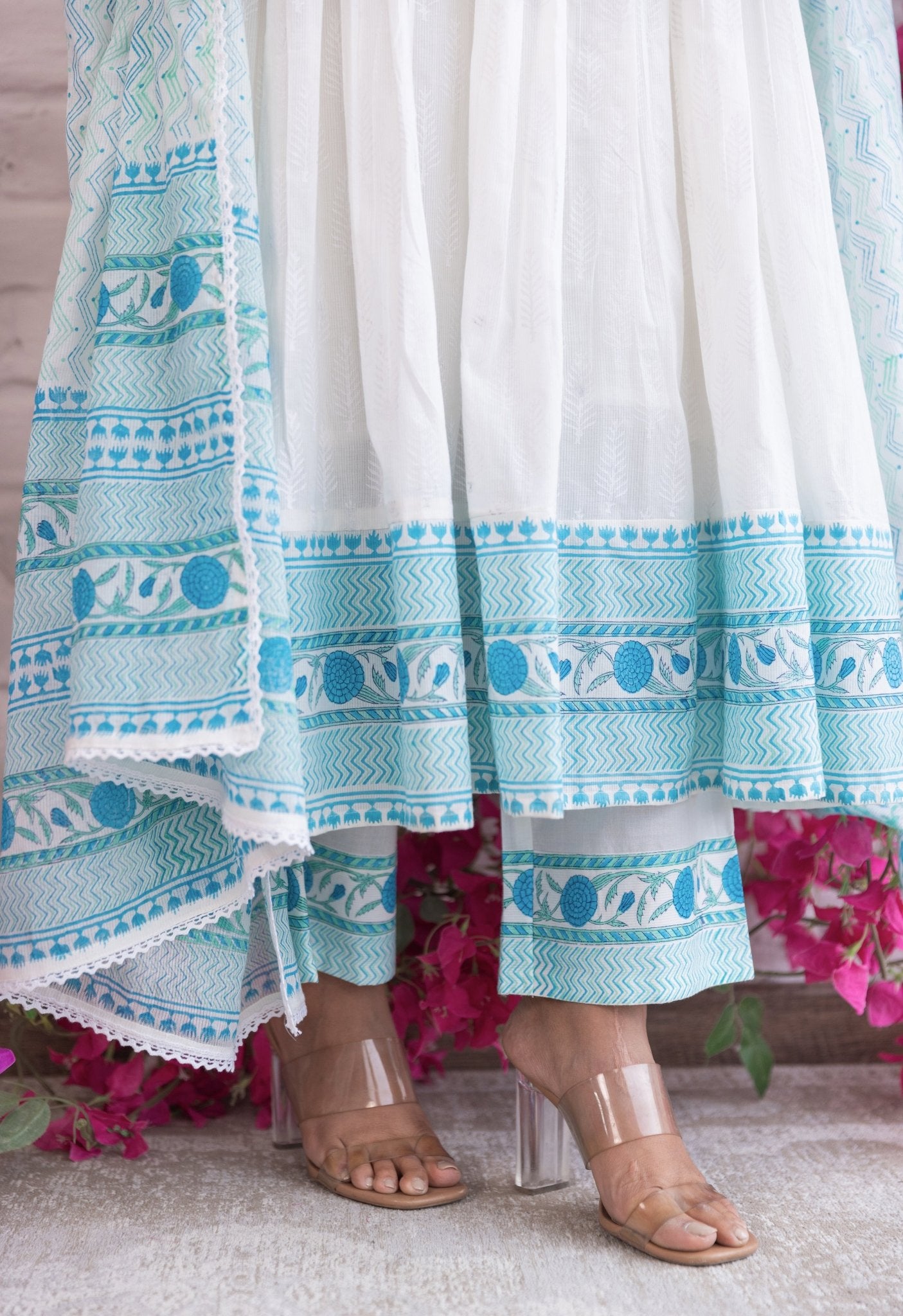 WHITE KHADI AND TURQOUISE HAND BLOCK PRINTED KURTA WITH DUPATTA AND BOTTOMS - Tara - C - Tara