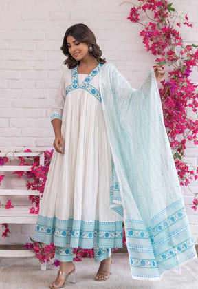 WHITE KHADI AND TURQOUISE HAND BLOCK PRINTED KURTA WITH DUPATTA AND BOTTOMS - Tara - C - Tara