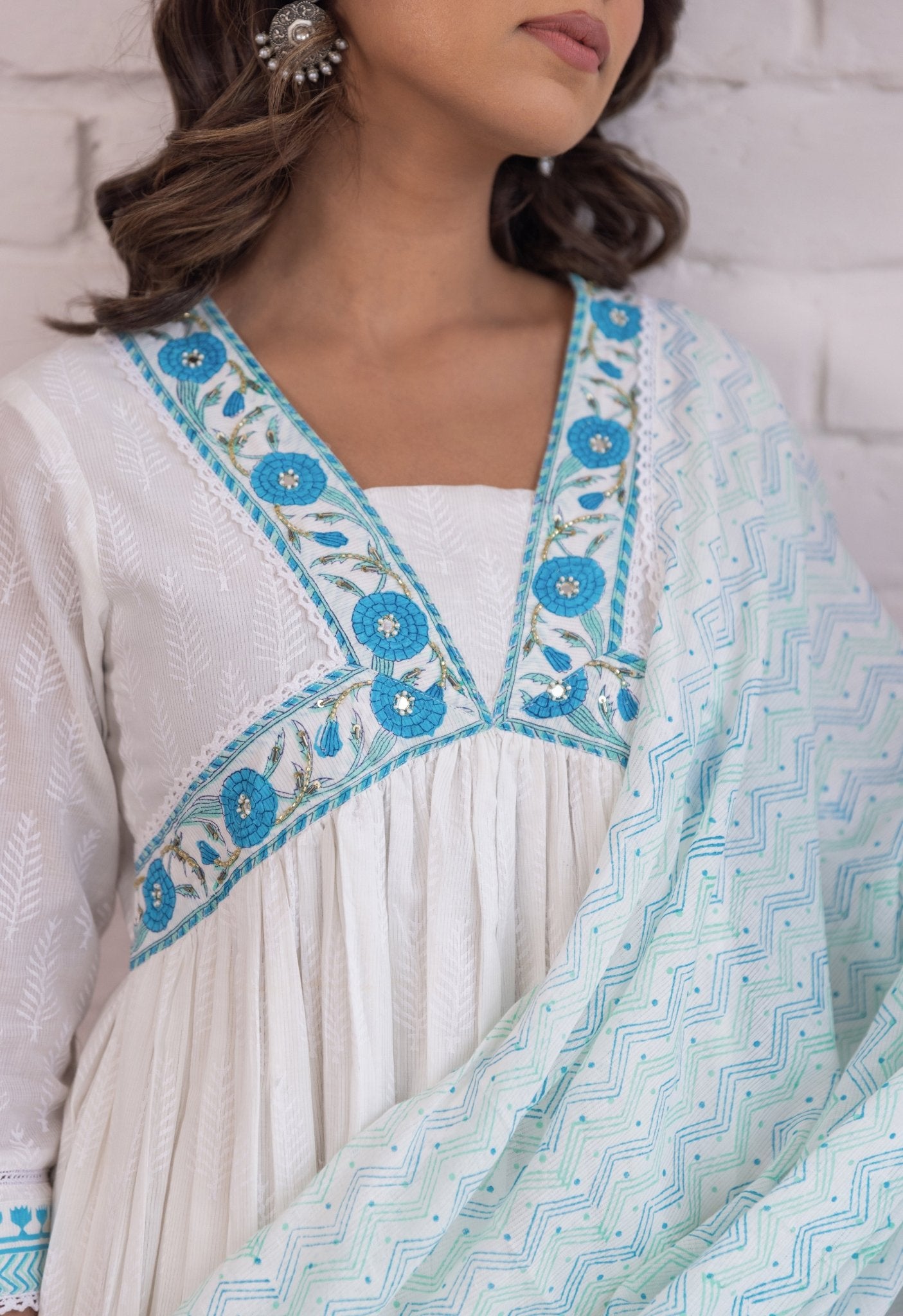 WHITE KHADI AND TURQOUISE HAND BLOCK PRINTED KURTA WITH DUPATTA AND BOTTOMS - Tara - C - Tara