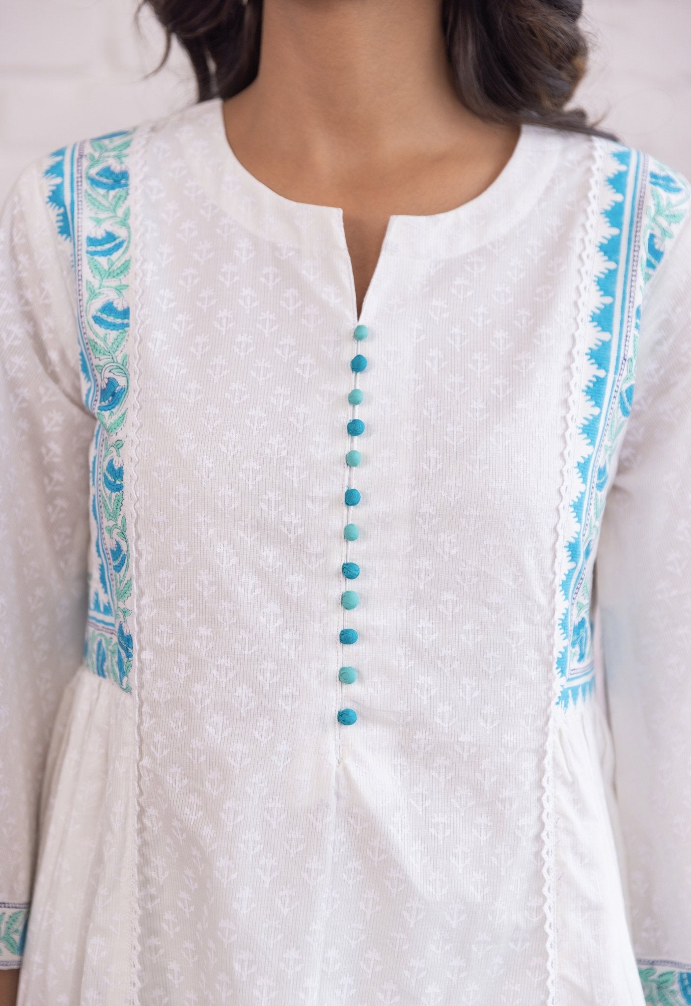 WHITE KHADI HAND BLOCK PRINTED KURTA - Tara - C - Tara