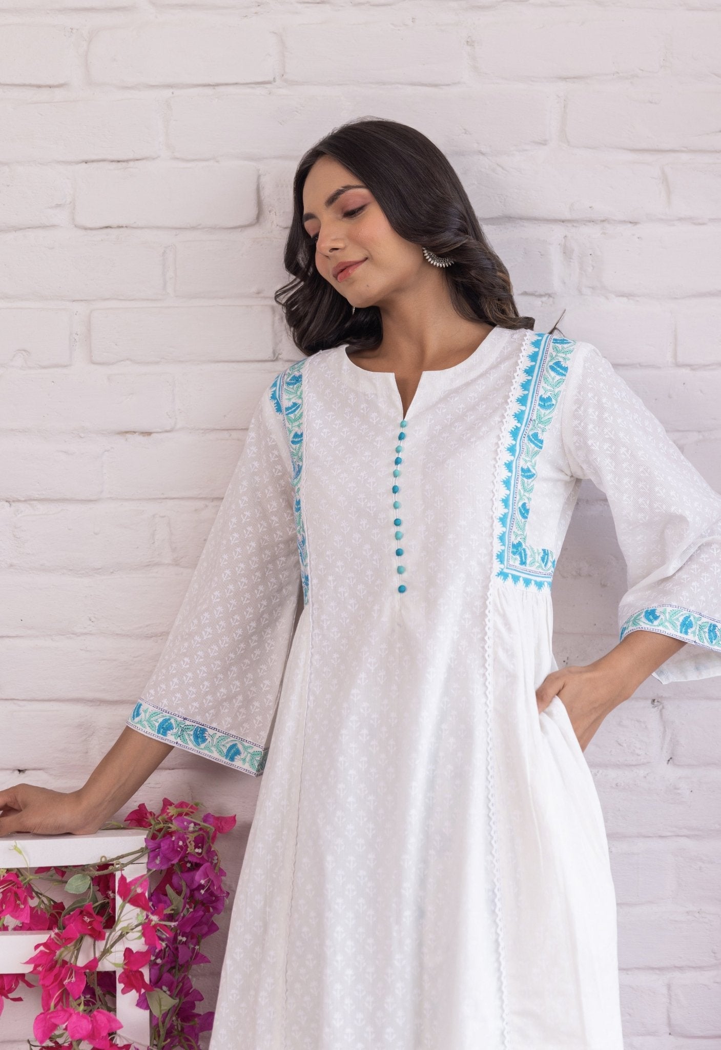 WHITE KHADI HAND BLOCK PRINTED KURTA - Tara - C - Tara