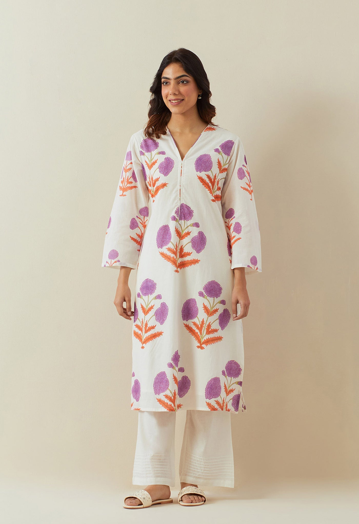 WHITE LILAC HAND BLOCK PRINTED COORD SET - Tara - C - Tara