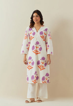 WHITE LILAC HAND BLOCK PRINTED COORD SET - Tara - C - Tara